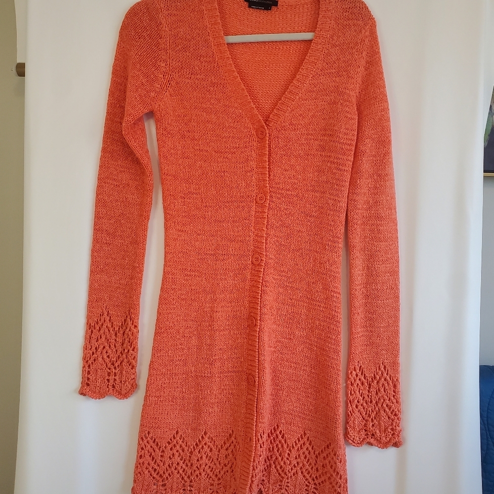 BCBG Maxazria Sz S Tangerine knit L/Sl cardigan/sweater w/crocheted hem&sleeves